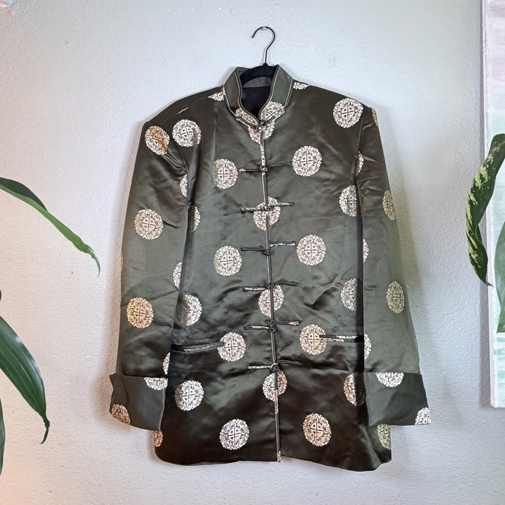 Vintage Silk Olive Green Gold Embroidered Bohemian Frog Clasp Tang Suit Jacket L
